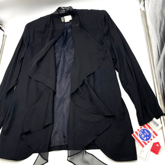 Vintage Michael Marcella Ltd Black Lace Padded Shoulder Flowy Jacket Women's L - Picture 3 of 11